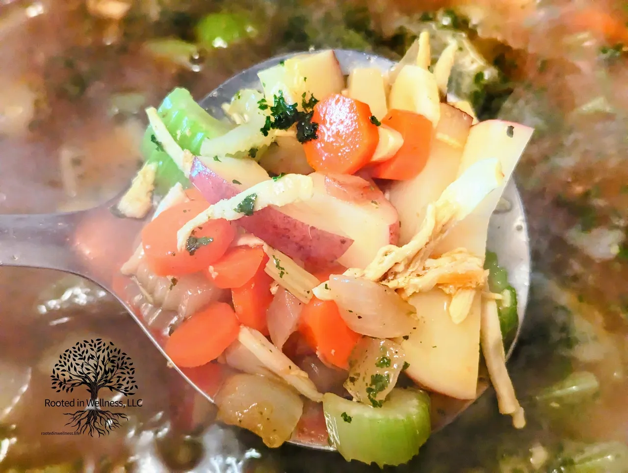Fresh veggies in hot soup broth