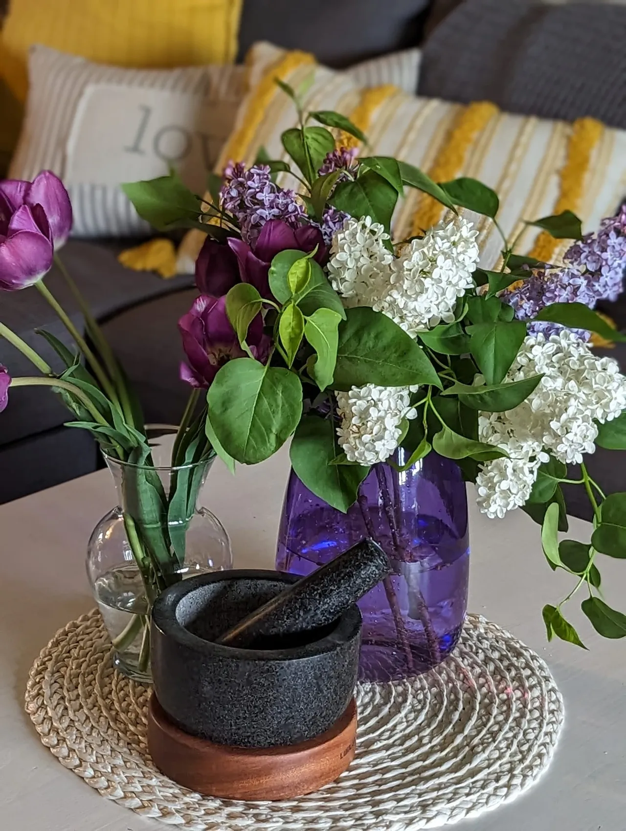 Cozy living room with floral arrangement