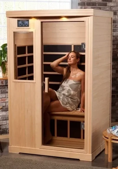 Indoor sauna with relaxed person